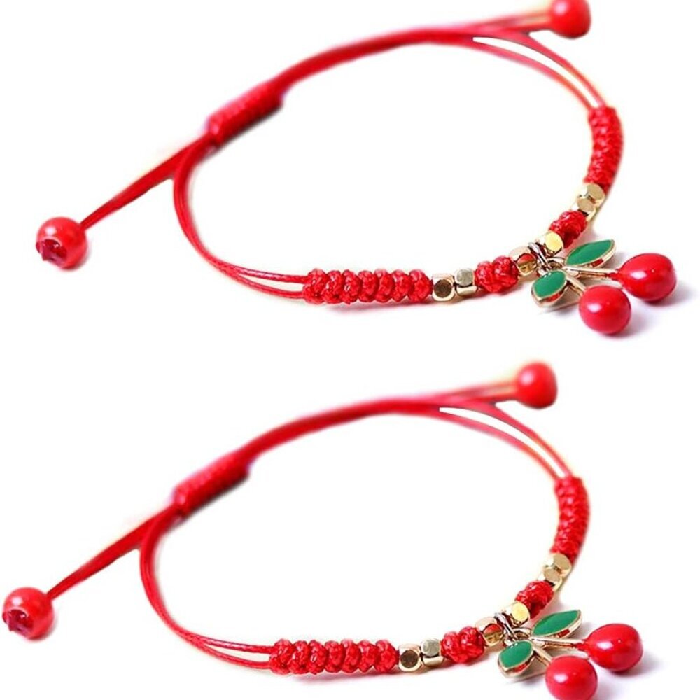 2Pcs Summer Fruit Strawberry Cherry Bracelets Sets,Handmade Weave Red Rope Adjus